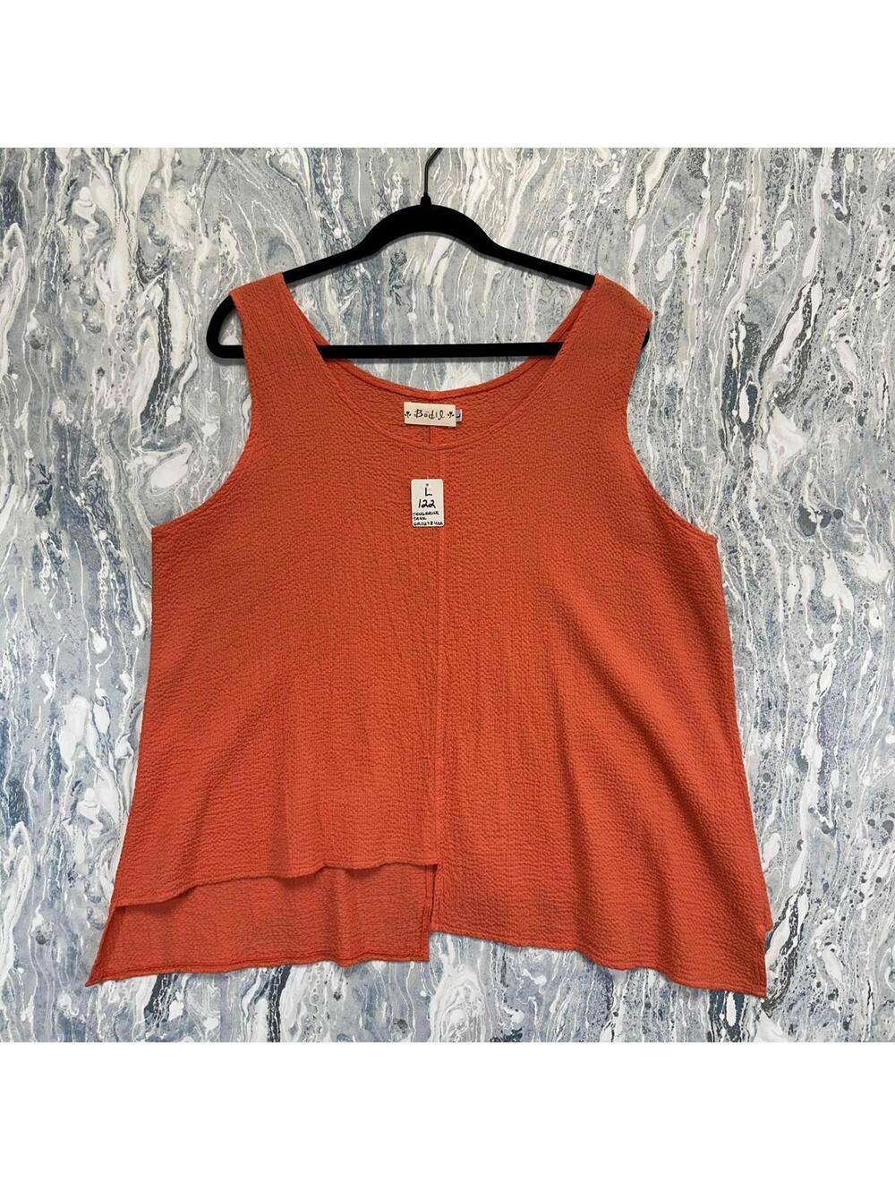 Artsy Minimalist Boho Orange Textured Asymmetrical Sleeveless Top (L)